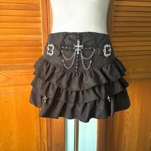 Punk Goth Emo Lolita Chain Cross & Buckle Black Ruffle Mini Skirt